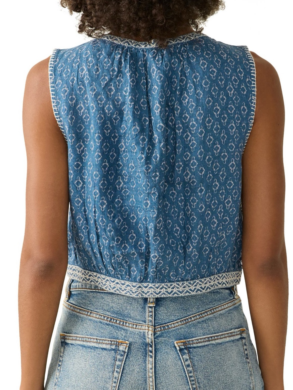 Faherty Isla blue linen denim embroidered sleeveless crop tank top size small - Picture 4 of 11